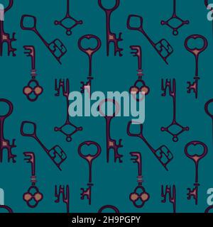 Keys seamless pattern, old vintage hand drawn doodle, blue background trend 2022. Vector illustration Stock Vector