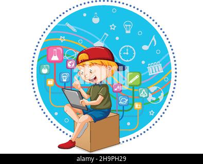 Young boy using tablet with education icons illustration Stock Vector