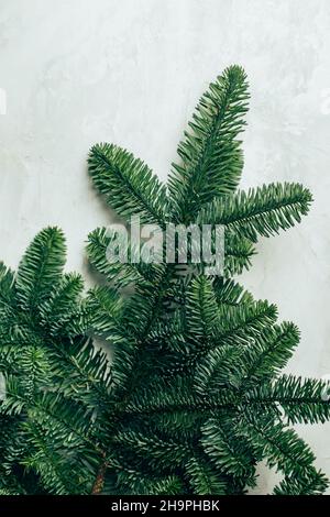 Fir or Abies Nobilis needles on light background. Concept of holiday festive decoration. Christmas or New Year concept Stock Photo