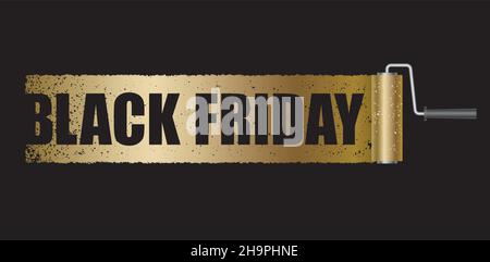Black Friday Vector Sale Banner With A Gold Paint Roller Background Isolated On A Black Background. Stock Vector