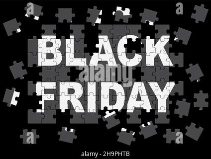 Black Friday Sale Vector Symbol Made Of Jig-Saw Puzzle Pieces On A Black Background. Stock Vector