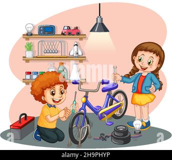 Children fixing a bicycle together  illustration Stock Vector