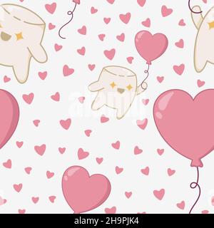 Seamless pattern with happy marshmallow taking off on a balloon in the shape of a heart. Kawaii marshmallow characters in a flat style. Stock Vector