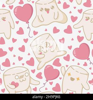 Seamless pattern with kawaii marshmallow chewing a candy heart surrounded by different sweets. Kawaii marshmallow characters in a flat style. Stock Vector