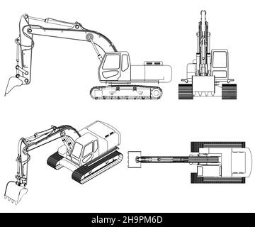 Set with the contours of the excavator from black lines Isolated on white background. Side, front, top, isometric view. Vector illustration. Stock Vector