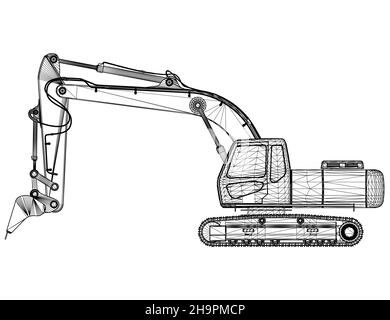 Excavator wireframe from black lines isolated on white background. Side view. 3D. Vector illustration. Stock Vector