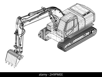 Excavator wireframe from black lines isolated on white background. Isometric view. 3D. Vector illustration. Stock Vector