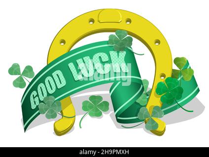 Isometric metal horseshoe for horse with clover leaves. Symbol of good luck and happiness in culture. Realistic 3D vector isolated on white background Stock Vector