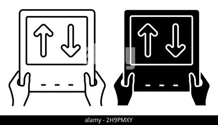 Linear icon. Sports match referee hand showing electronic scoreboard for player substitution. Simple black and white vector isolated on white backgrou Stock Vector