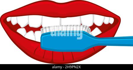 Woman lips with toothbrush. Teeth brushing. Dental care symbol Stock Vector