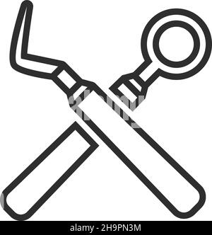 Dentist tool icon. Dental mirror and probe instruments in line style Stock Vector