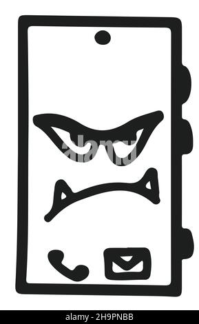 Angry scary smartphone icon. Doodle line Vector illustration Stock Vector