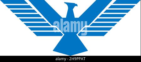Bird with wings spread. Rising phoenix logo. Blue retro sign Stock Vector