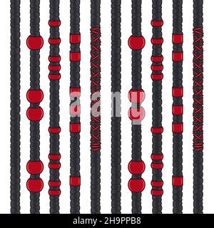 Set of colored seamless patterns with black dreadlocks and red jewelry. Isolated vector objects on white background. Stock Vector