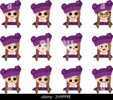 Set of girl avatar with big eyes and wide smile and different emotions in purple hat with pompom. Cute child with joyful, sad or angry face Stock Vector