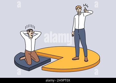 Business competition and marker share concept. One stressed sad businessman on small market share sitting touching head and another having big one showing thumbs up sign developing vector illustration Stock Vector