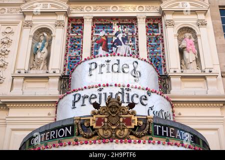 UK, England, London, Piccadilly Circus, Criterion Theatre, Pride and Prejudice sign over entrance Stock Photo