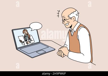 Online medicine and telehealth concept. Smiling old man patient sitting at laptop and having online meeting with young woman doctor making recommendations vector illustration  Stock Vector