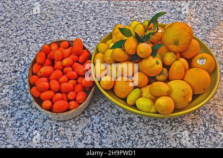 Citrus fruits in bowls on granite tabletop, kumquat (Fortunella), cumquat, oranges Stock Photo