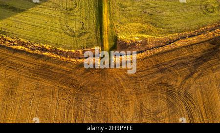 Abstract from above over dried up field in farm land wisconsin Stock Photo