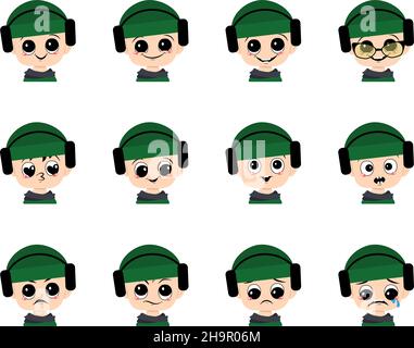 Set of boy avatar with big eyes and wide smile and different emotions in green hat with headphones. Cute child with joyful, sad or angry face Stock Vector