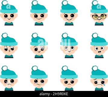 Set of boy avatar with big eyes and wide smile and different emotions in blue hat with pompom. Head of cute child with joyful, sad or angry face Stock Vector