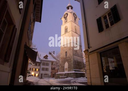 Tower at Ildefonsplatz in snow, Olten, Solothurn, Switzerland Stock Photo