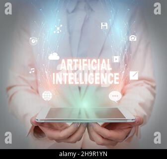 Conceptual caption Artificial Intelligence. Business overview Machine copy Cognitive function like Problem Solving Business Woman Using Phone While Stock Photo