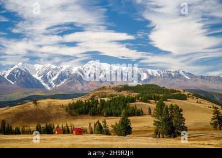 The Kurai steppe at the foot of the North Chui Ridge in the Altai Mountains. Kosh-Agachsky district of the Altai Republic, South of Western Siberia Stock Photo
