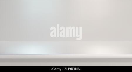 White steel countertop, empty shelf. Vector realistic mockup of table top, kitchen counter on light background with spot light. Bar desk surface in fo Stock Vector
