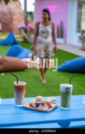 Ice coffee Frappucino and green ice tea, bubble tea. in a restaurant Stock Photo