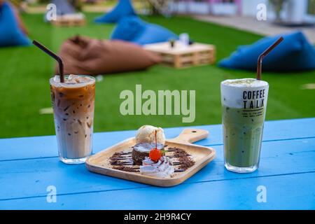 Ice coffee Frappucino and green ice tea, bubble tea. in a restaurant Stock Photo