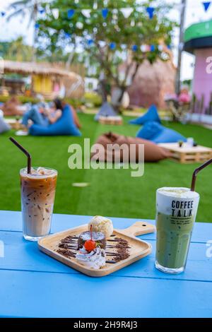 Ice coffee Frappucino and green ice tea, bubble tea. in a restaurant Stock Photo