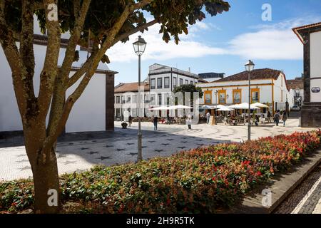 Cafe Central in the main square, Ponta Delgada, Sao Miguel Island, Azores, Portugal Stock Photo