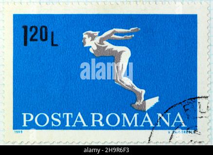 Photo of a postage stamp from a sport series from Romania Women's diving Stock Photo