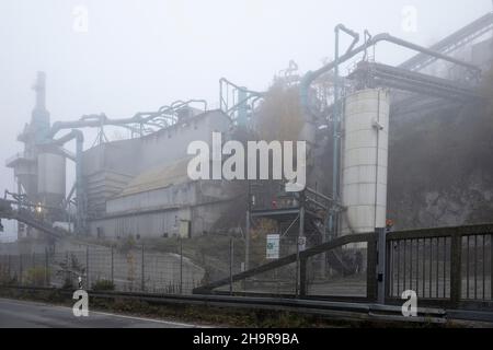 Holcim Gravel and Grit Quarry in fog, Plettenberg, Sauerland