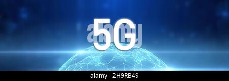 5G network. Concept of future high speed mobile internet, future of wireless systems, global technology. Business banner Stock Photo