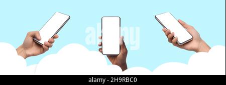 Global Communication. Hands holding using smartphone with blank screen Stock Photo