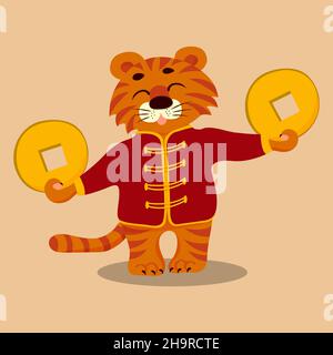 A cartoon tiger dressed in red and holding Chinese gold coins in his paws. Chinese 2022 year sign. Korea lunar new year. Holiday banner poster. Vector Stock Vector