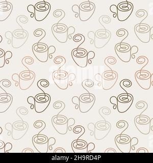 Abstract Seamless pattern of cups in a minimalistic line art style in one continuous line in coffee colors. Repeating texture for design of wrapping paper, napkins, menus, fabrics. Vector graphics. Stock Vector