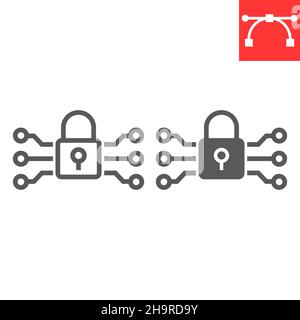 Data encryption line and glyph icon, padlock and protection, encryption vector icon, vector graphics, editable stroke outline sign, eps 10. Stock Vector