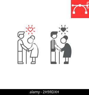 Elderly people help line and glyph icon, grandmother and volunteering, volunteer caring elderly for woman vector icon, vector graphics, editable stroke outline sign, eps 10. Stock Vector