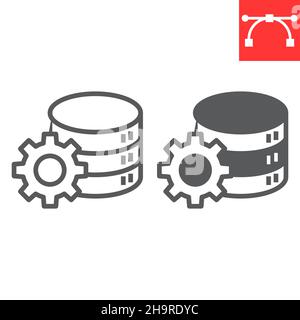 Database management line and glyph icon, database and storage, data with cogwheel vector icon, vector graphics, editable stroke outline sign, eps 10. Stock Vector