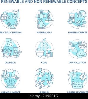 Renewable and non renewable energy turquoise blue icons set Stock Vector