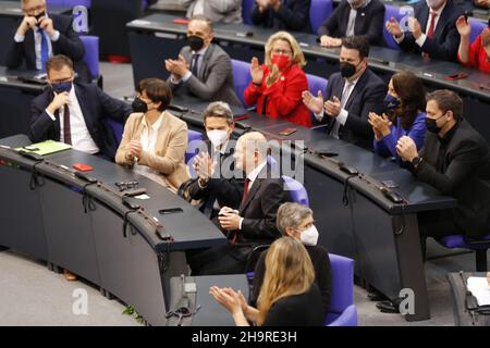 12/08/2021, Berlin, Germany, Olaf Scholz in the plenary hall. Olaf Scholz (SPD) elected Chancellor in the Bundestag. The secret election of the Federal Chancellor is elected by the Bundestag without debate. Stock Photo