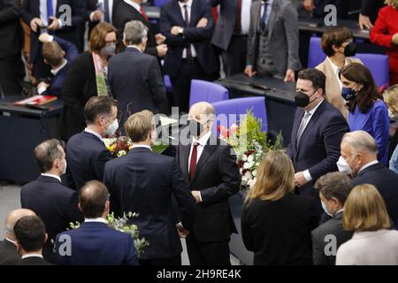 12/08/2021, Berlin, Germany, Olaf Scholz in the plenary hall. Olaf Scholz (SPD) elected Chancellor in the Bundestag. The secret election of the Federal Chancellor is elected by the Bundestag without debate. Stock Photo