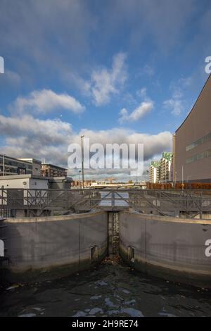 Docklands, Royal Canal area, River Shannon, docks and locks at Royal Canal, Royal Canal waterway, old engineering marvel, urban and streets photograph Stock Photo