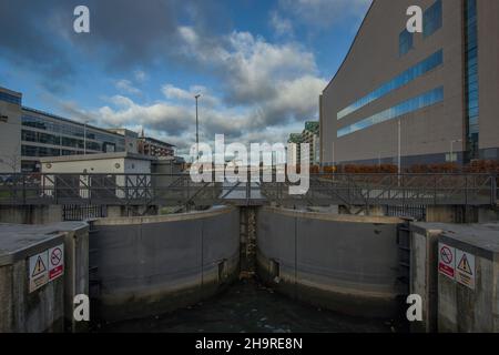 Docklands, Royal Canal area, River Shannon, docks and locks at Royal Canal, Royal Canal waterway, old engineering marvel, urban and streets photograph Stock Photo