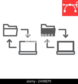 Data share line and glyph icon, database and transfer, laptop with folder vector icon, vector graphics, editable stroke outline sign, eps 10. Stock Vector