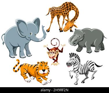 Set of Cartoon Wild Animals isolated on white. Giraffe, elephant, tiger, zebra, monkey, river-horse. Vector illustration. Stock Vector